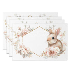Aperturee - Aperturee Easter Set of 4 Placemats Gold Hexagon Geometric Frame Pink Floral Bunny Dining Table Mats