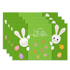 Aperturee - Aperturee Easter Set of 4 Placemats Green Background Peeking Bunnies Happy Easter Colorful Eggs Dining Table Mats