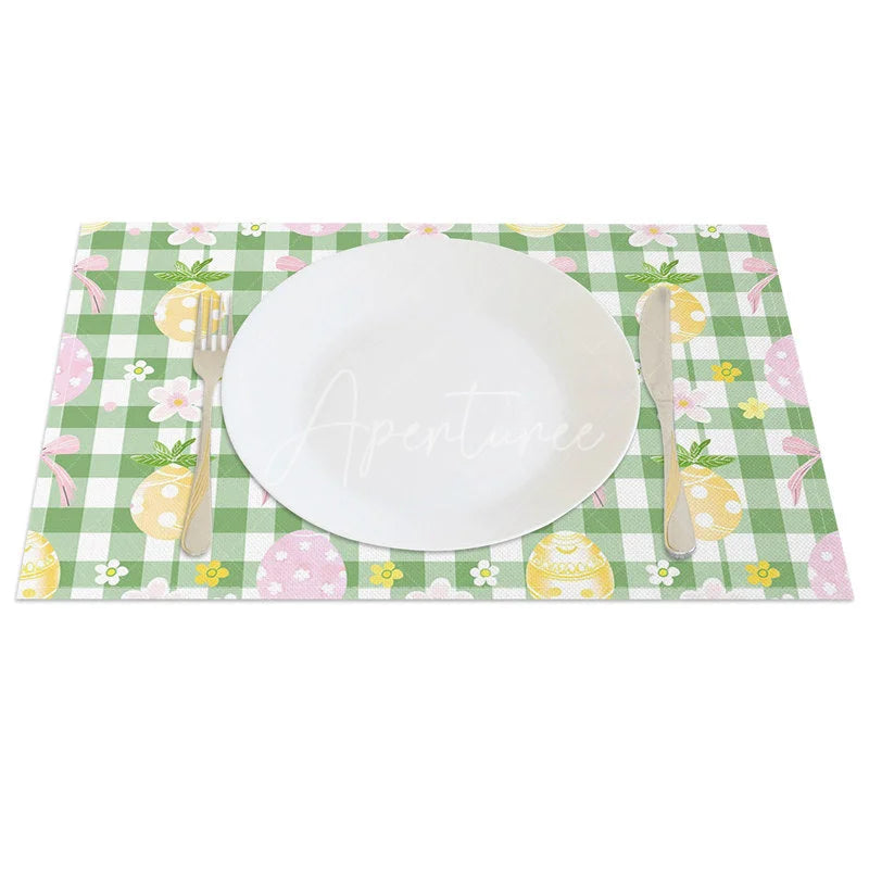 Aperturee - Aperturee Easter Set of 4 Placemats Green Gingham Pineapple Eggs Pink Bows Checkered Dining Table Mats