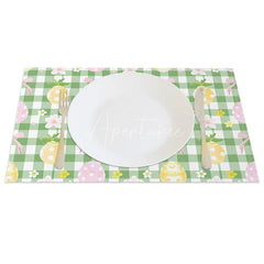 Aperturee - Aperturee Easter Set of 4 Placemats Green Gingham Pineapple Eggs Pink Bows Checkered Dining Table Mats