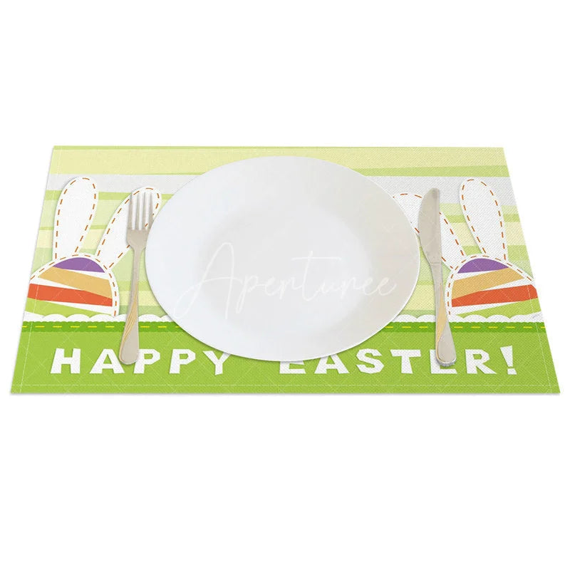 Aperturee - Aperturee Easter Set of 4 Placemats Green Stripes Bunny Ears Happy Easter Cutout Design Dining Table Mats