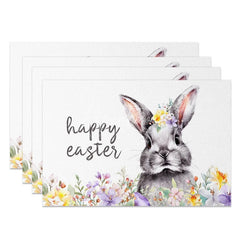 Aperturee - Aperturee Easter Set of 4 Placemats Grey Bunny Portrait Happy Easter Purple Floral Dining Table Mats