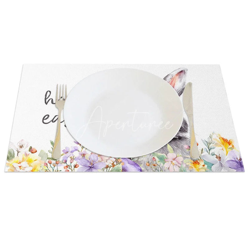 Aperturee - Aperturee Easter Set of 4 Placemats Grey Bunny Portrait Happy Easter Purple Floral Dining Table Mats