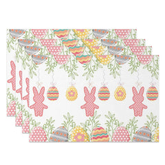 Aperturee - Aperturee Easter Set of 4 Placemats Hanging Gingham Bunnies Colorful Eggs Greenery Border Dining Table Mats