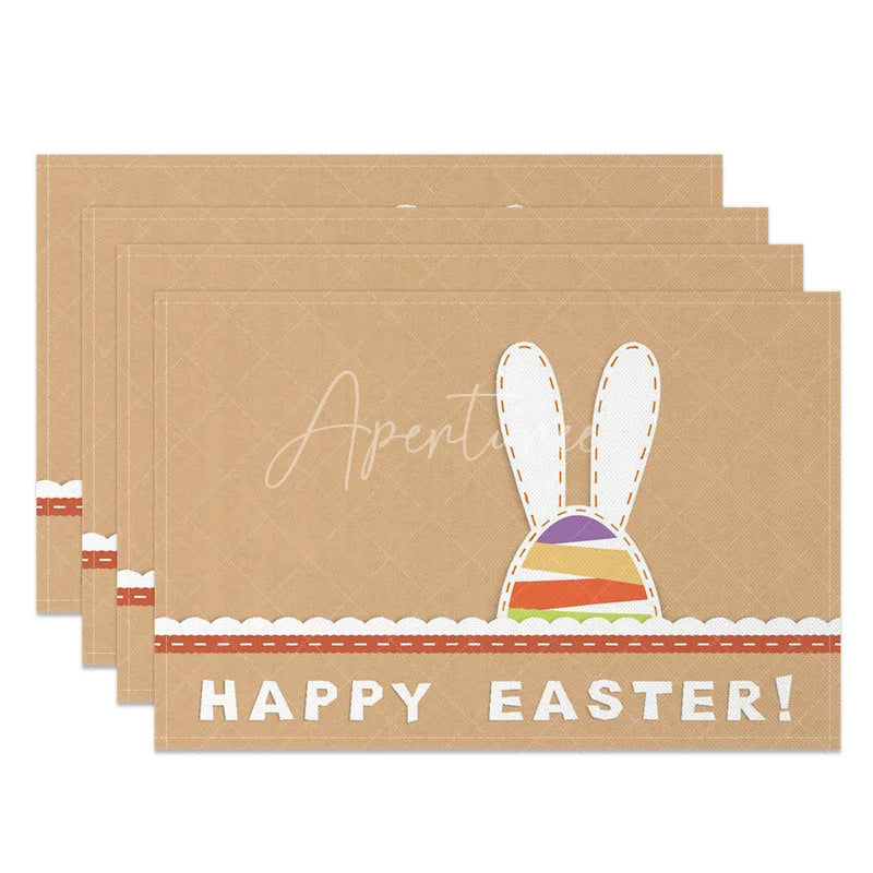 Aperturee - Aperturee Easter Set of 4 Placemats Kraft Paper Texture Bunny Ears White Lace Happy Easter Dining Table Mats