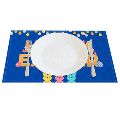 Aperturee - Aperturee Easter Set of 4 Placemats Navy Blue Happy Easter Hanging Eggs Candy Bunny Kids Party Table Mats