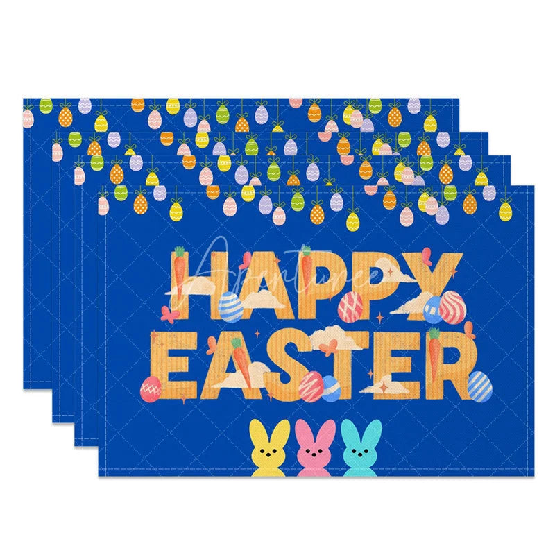 Aperturee - Aperturee Easter Set of 4 Placemats Navy Blue Happy Easter Hanging Eggs Candy Bunny Kids Party Table Mats