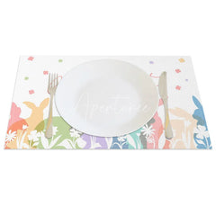 Aperturee - Aperturee Easter Set of 4 Placemats Pastel Bunny Silhouettes Happy Easter Floral White Dining Table Mats