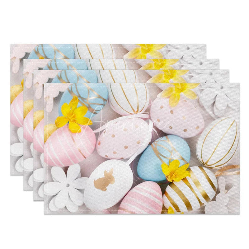 Aperturee - Aperturee Easter Set of 4 Placemats Pastel Gold Striped Eggs Elegant White Flower Spring Dining Table Mats