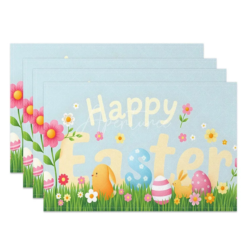 Aperturee - Aperturee Easter Set of 4 Placemats Pastel Happy Easter Text Spring Grass Chick Dining Table Mats