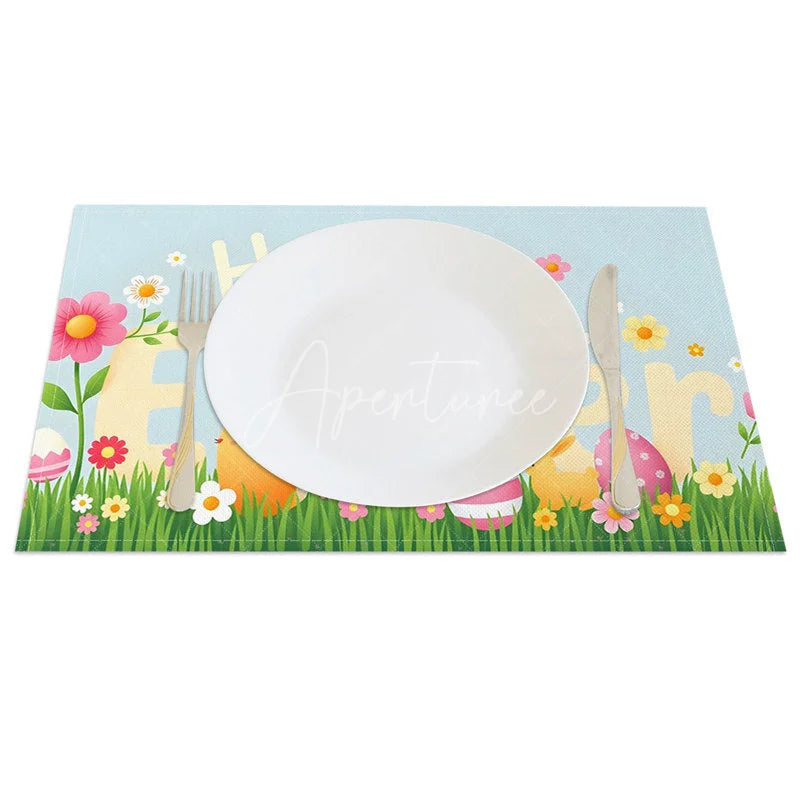 Aperturee - Aperturee Easter Set of 4 Placemats Pastel Happy Easter Text Spring Grass Chick Dining Table Mats