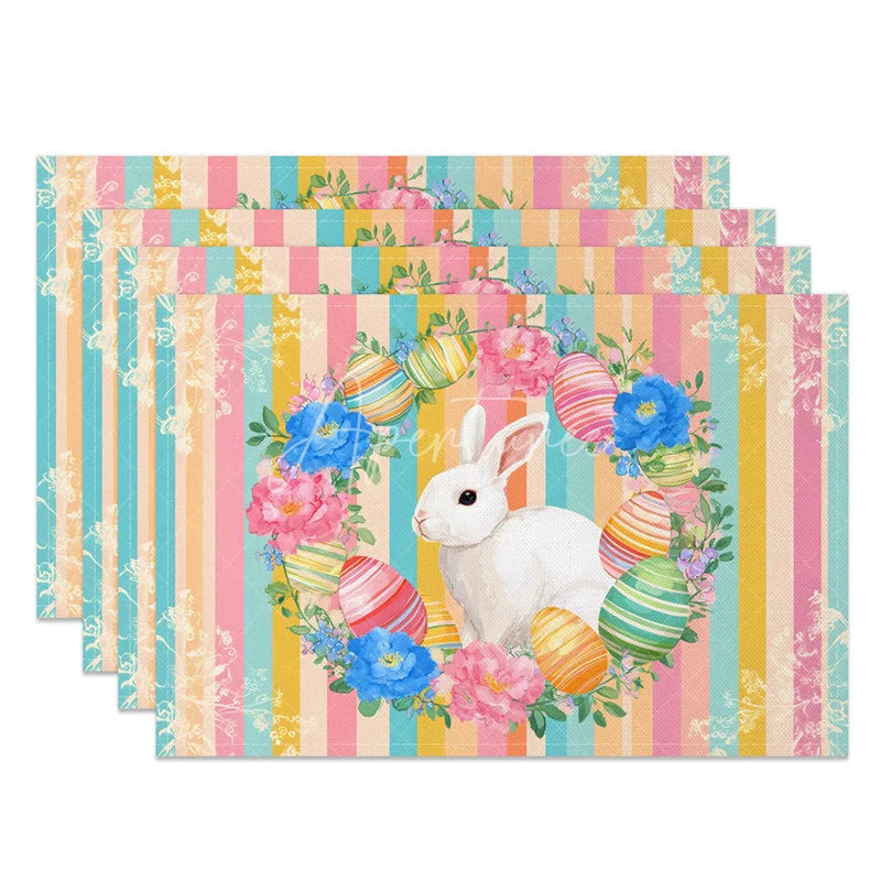 Aperturee - Aperturee Easter Set of 4 Placemats Pastel Vertical Stripes Bunny Floral Wreath Dining Table Mats