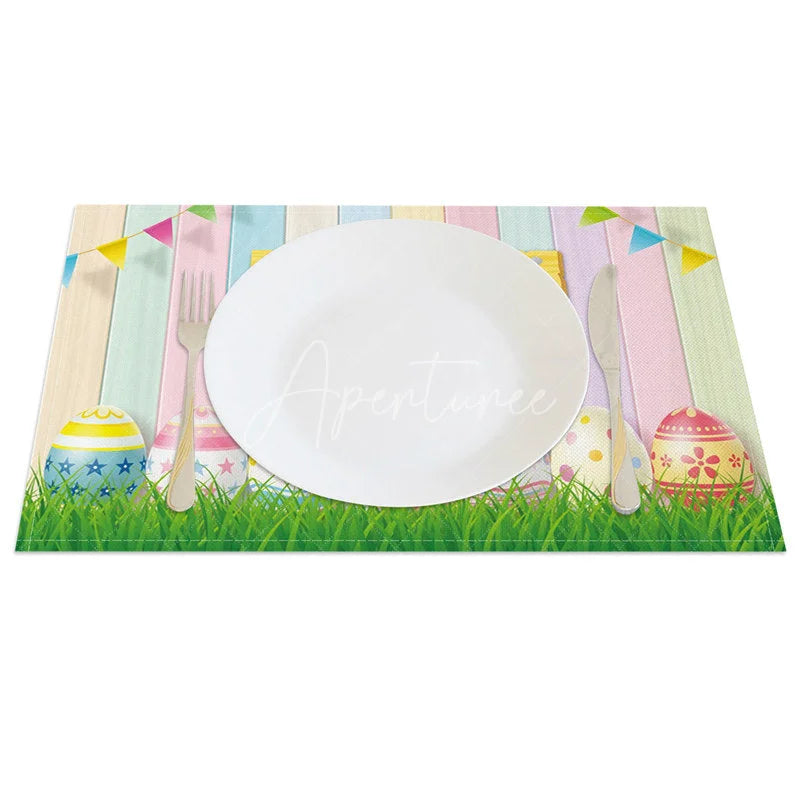 Aperturee - Aperturee Easter Set of 4 Placemats Pastel Wood Plank Texture Happy Easter Sign Eggs Grass Dining Table Mats