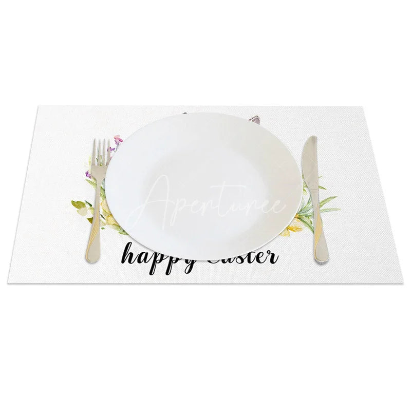 Aperturee - Aperturee Easter Set of 4 Placemats Peeking Bunny Purple Flowers Simple Happy Easter Dining Table Mats