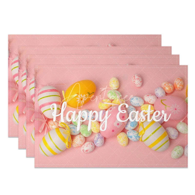 Aperturee - Aperturee Easter Set of 4 Placemats Pink Background Colorful Eggs Realistic Happy Easter Dining Table Mats