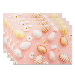 Aperturee - Aperturee Easter Set of 4 Placemats Pink Background Gold Eggs Luxury White Daisy Floral Dining Table Mats