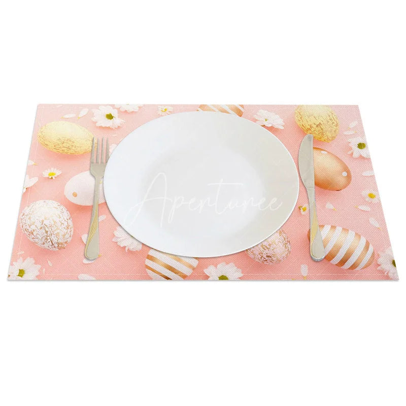 Aperturee - Aperturee Easter Set of 4 Placemats Pink Background Gold Eggs Luxury White Daisy Floral Dining Table Mats