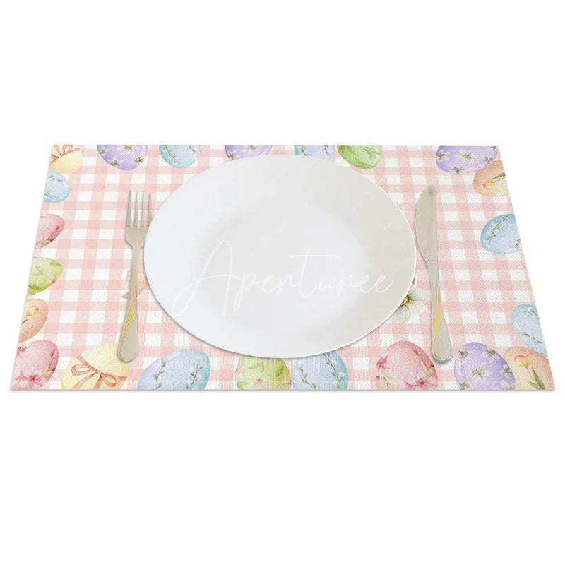 Aperturee - Aperturee Easter Set of 4 Placemats Pink Gingham Checkered Eggs Happy Easter Plaid Dining Table Mats
