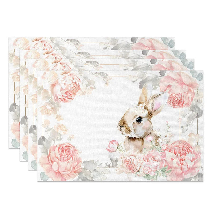 Aperturee - Aperturee Easter Set of 4 Placemats Pink Peony Gold Frame Cute Bunny Flower Crown Dining Table Mats