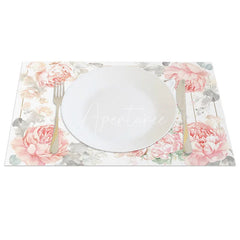 Aperturee - Aperturee Easter Set of 4 Placemats Pink Peony Gold Frame Cute Bunny Flower Crown Dining Table Mats