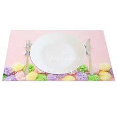 Aperturee - Aperturee Easter Set of 4 Placemats Pink Pom Pom Yarn Balls Cute Craft Text Dining Table Mats