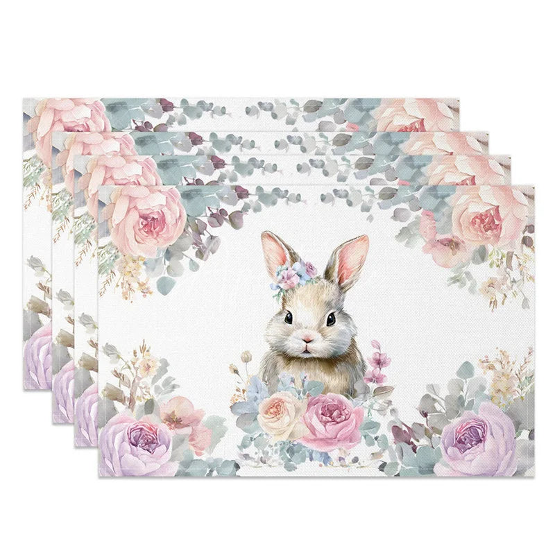 Aperturee - Aperturee Easter Set of 4 Placemats Purple Pink Floral Border Watercolor Bunny Spring Dining Table Mats