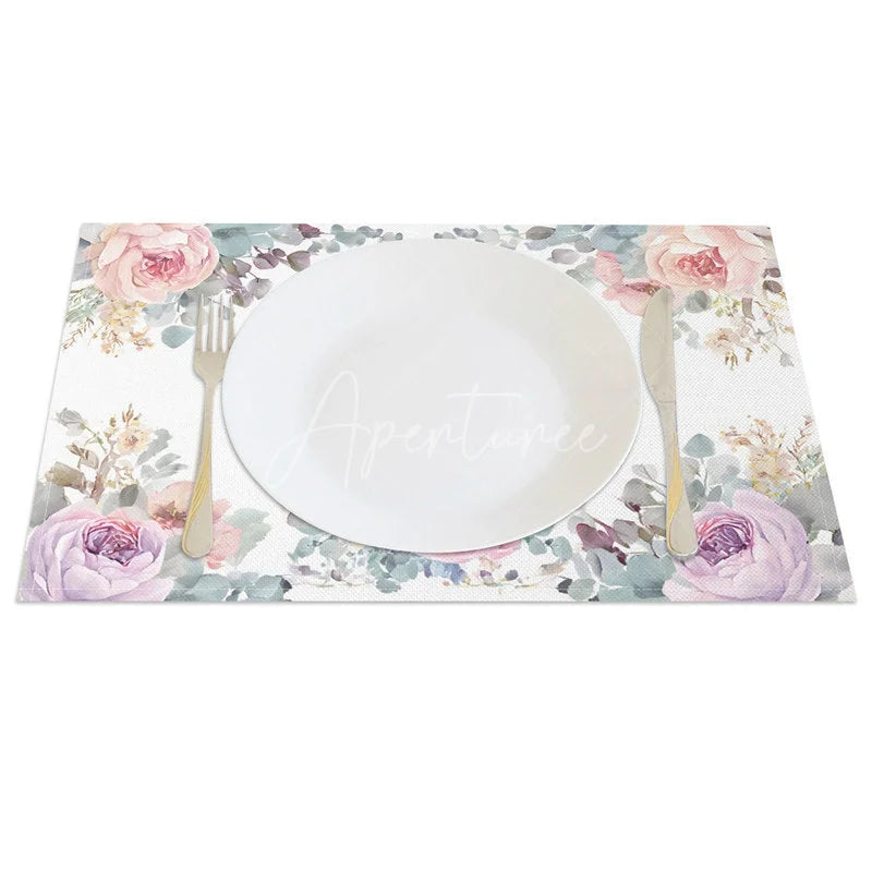 Aperturee - Aperturee Easter Set of 4 Placemats Purple Pink Floral Border Watercolor Bunny Spring Dining Table Mats