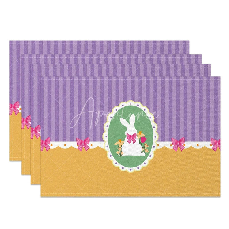 Aperturee - Aperturee Easter Set of 4 Placemats Purple Stripes Gold Bottom White Bunny Oval Frame Bows Dining Table Mats