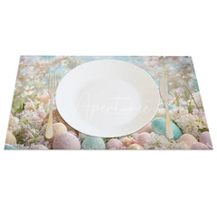 Aperturee - Aperturee Easter Set of 4 Placemats Realistic Brown Bunny Eggs Dreamy Blue Spring Floral Dining Table Mats