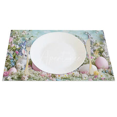 Aperturee - Aperturee Easter Set of 4 Placemats Realistic Bunnies Pastel Eggs Spring Wildflower Blue Photography Dining Table Mats