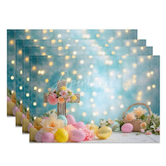 Aperturee - Aperturee Easter Set of 4 Placemats Religious Wooden Cross Blue Bokeh Flowers Eggs Dining Table Mats