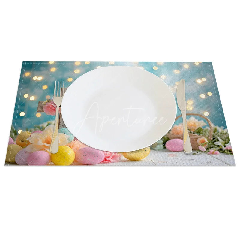 Aperturee - Aperturee Easter Set of 4 Placemats Religious Wooden Cross Blue Bokeh Flowers Eggs Dining Table Mats