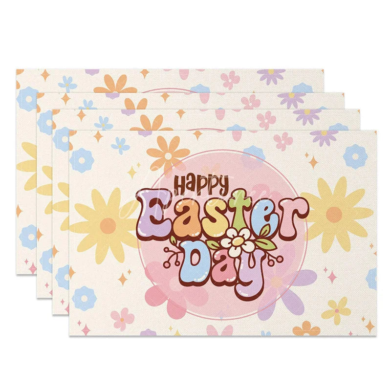 Aperturee - Aperturee Easter Set of 4 Placemats Retro Flower Happy Easter Day Groovy Daisy Pastel Dining Table Mats