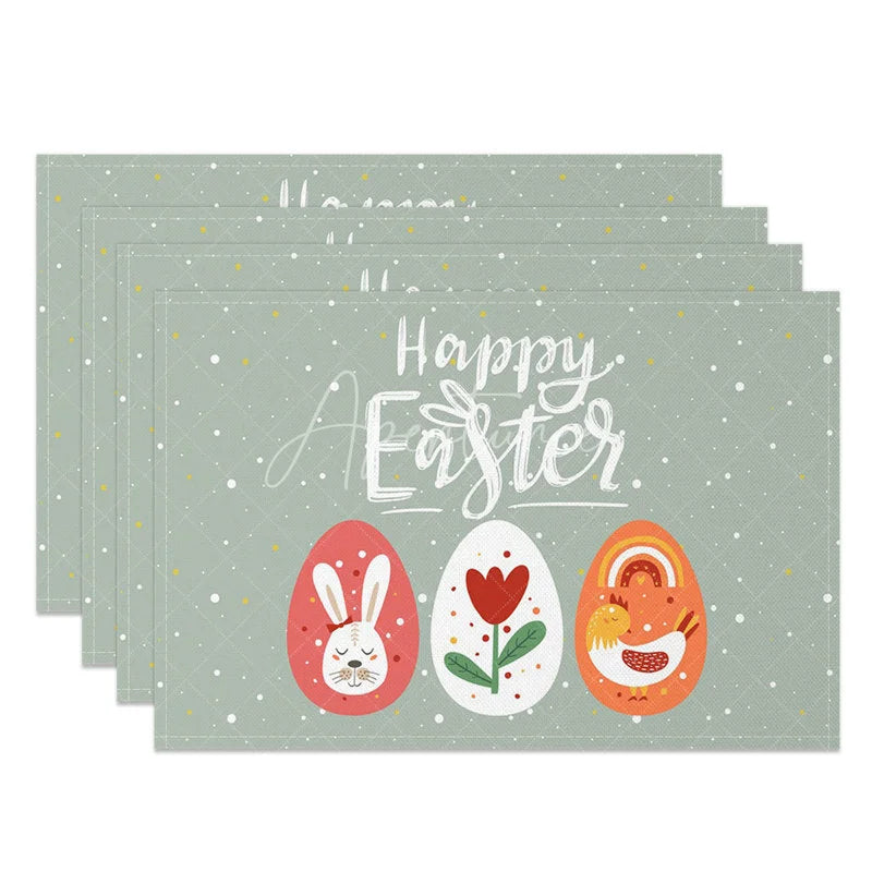 Aperturee - Aperturee Easter Set of 4 Placemats Sage Green Happy Easter Cute Chicken Bunny Eggs Dining Table Mats