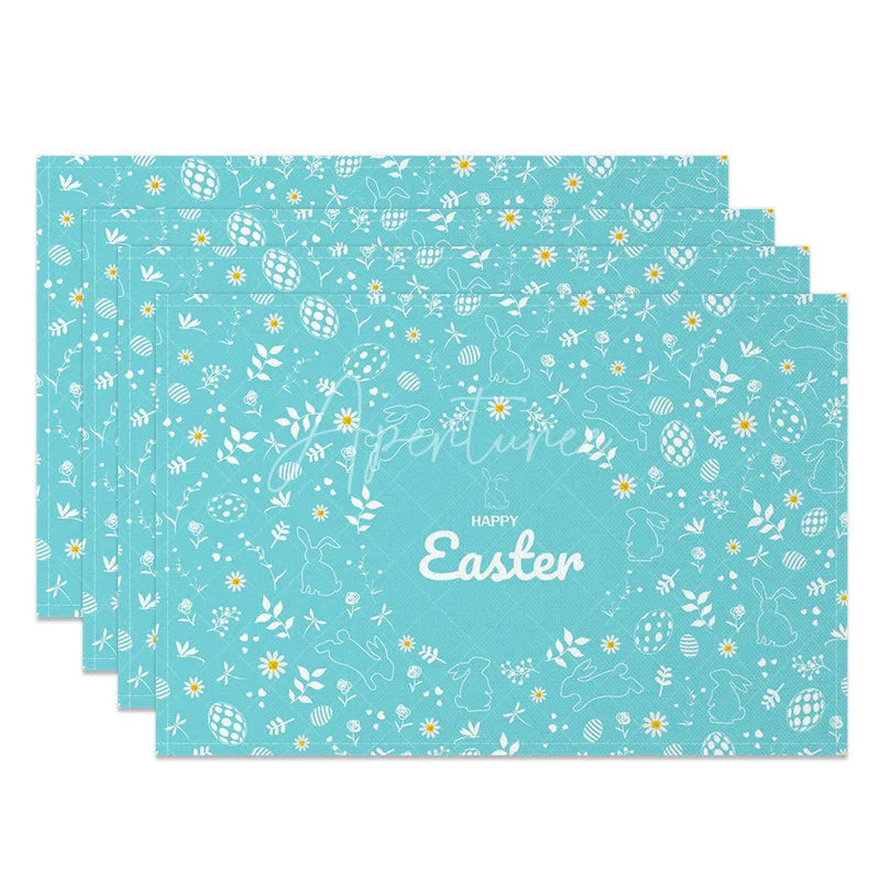Aperturee - Aperturee Easter Set of 4 Placemats Teal Blue White Line Art Happy Easter Bunny Floral Pattern Dining Table Mats
