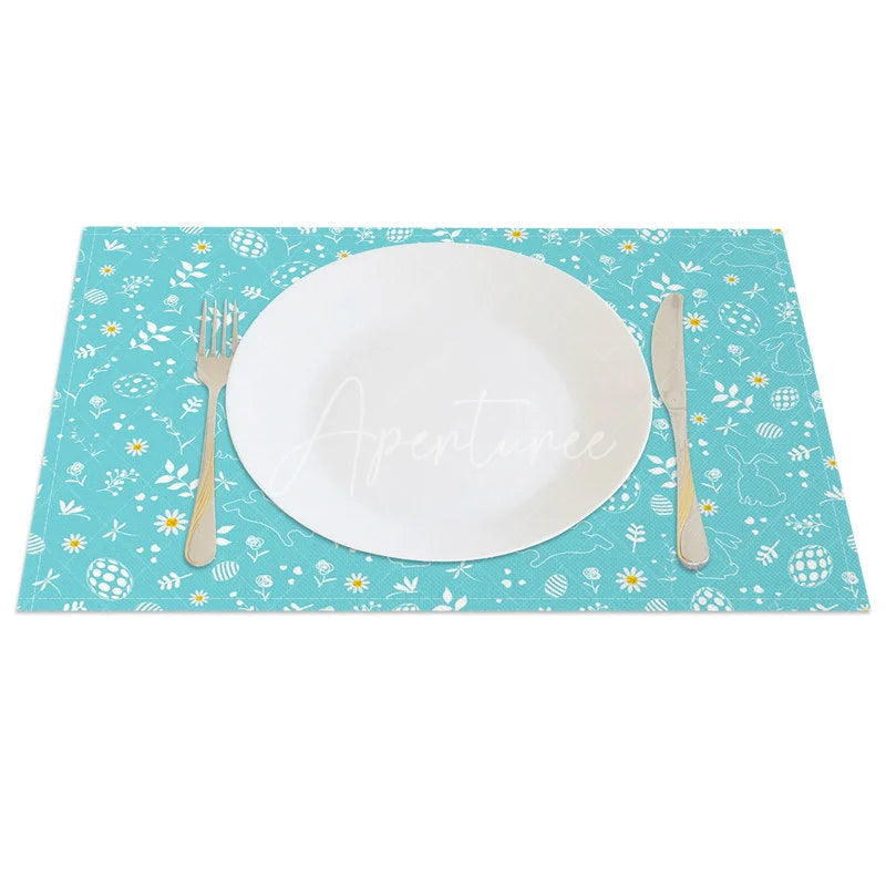 Aperturee - Aperturee Easter Set of 4 Placemats Teal Blue White Line Art Happy Easter Bunny Floral Pattern Dining Table Mats