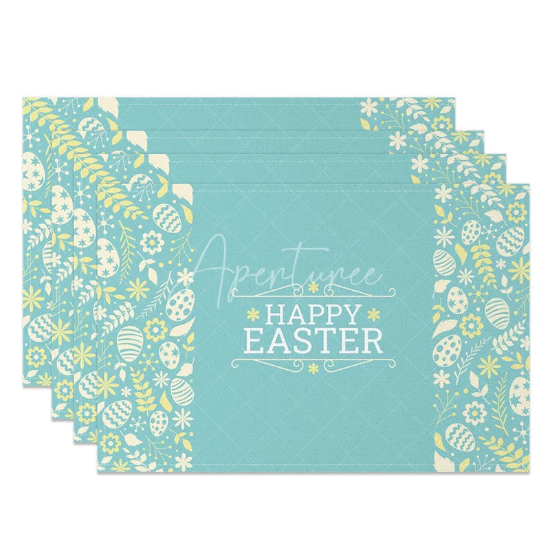 Aperturee - Aperturee Easter Set of 4 Placemats Teal Floral Silhouette Vintage Pattern Happy Easter Dining Table Mats