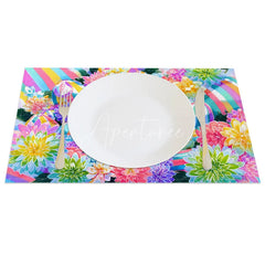 Aperturee - Aperturee Easter Set of 4 Placemats Vibrant Colorful Flowers Bunny Rainbow Striped Eggs Spring Dining Table Mats