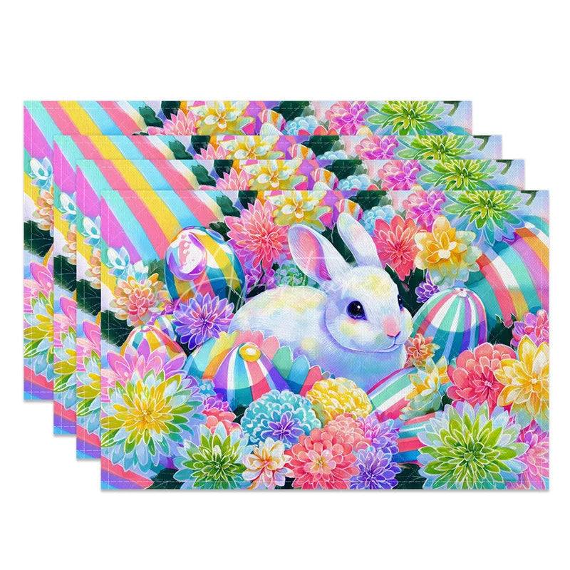Aperturee - Aperturee Easter Set of 4 Placemats Vibrant Colorful Flowers Bunny Rainbow Striped Eggs Spring Dining Table Mats