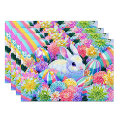 Aperturee - Aperturee Easter Set of 4 Placemats Vibrant Colorful Flowers Bunny Rainbow Striped Eggs Spring Dining Table Mats