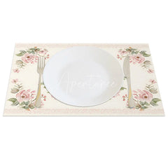 Aperturee - Aperturee Easter Set of 4 Placemats Vintage Pink Rose Border Brown Bunny Classic Dining Table Mats