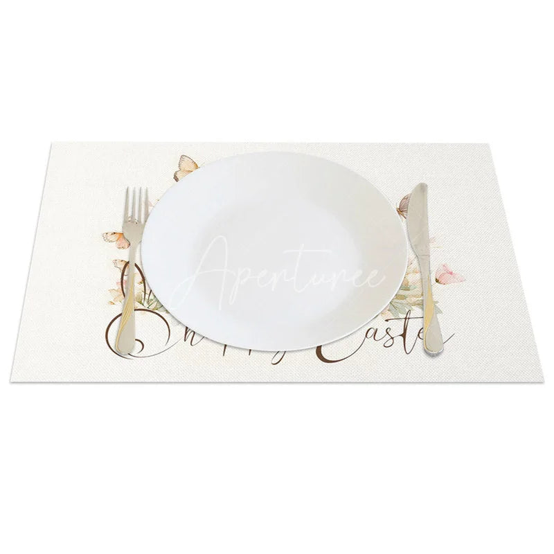 Aperturee - Aperturee Easter Set of 4 Placemats Watercolor Bunny Flower Crown Happy Easter Butterfly Table Mats