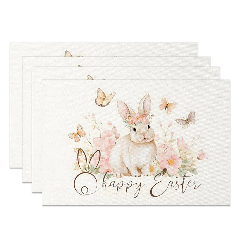 Aperturee - Aperturee Easter Set of 4 Placemats Watercolor Bunny Flower Crown Happy Easter Butterfly Table Mats