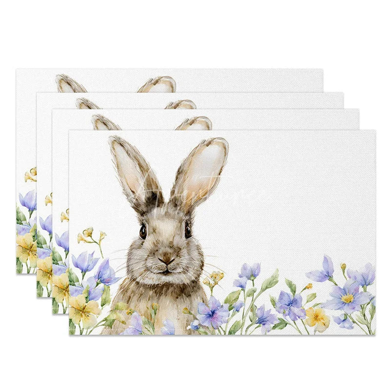 Aperturee - Aperturee Easter Set of 4 Placemats Watercolor Bunny Portrait Spring Wildflower Garden Dining Table Mats
