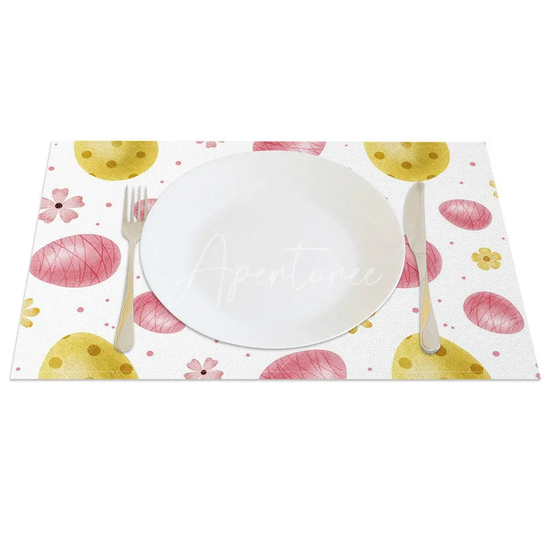 Aperturee - Aperturee Easter Set of 4 Placemats Watercolor Pink Gold Eggs Spring Floral Happy Easter Dining Table Mats