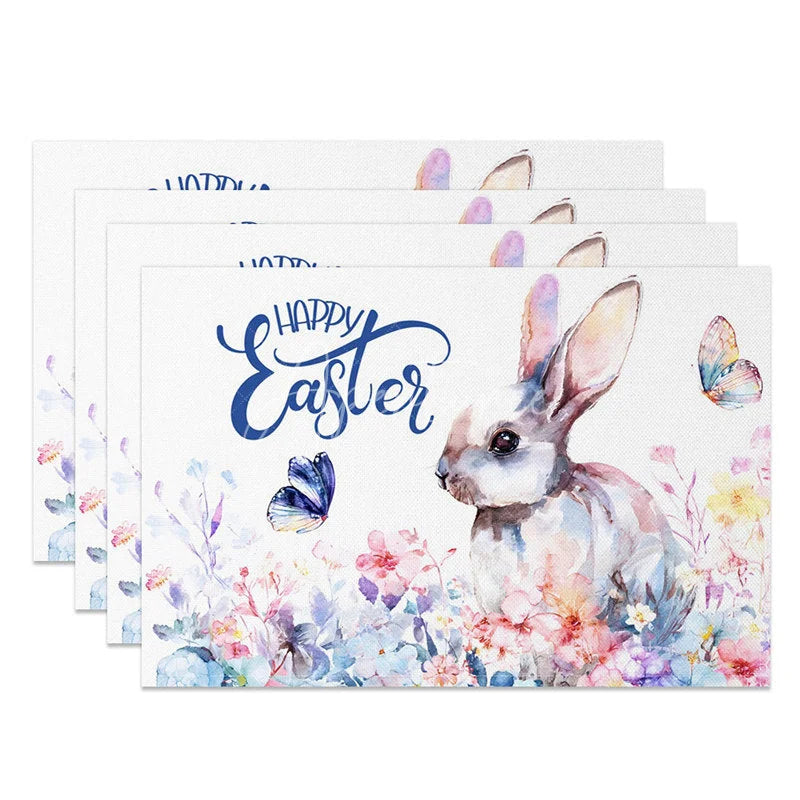 Aperturee - Aperturee Easter Set of 4 Placemats Watercolor Rabbit Profile Blue Happy Easter Wildflower Table Mats