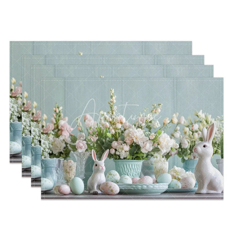 Aperturee - Aperturee Easter Set of 4 Placemats White Ceramic Bunnies Pastel Eggs Floral Blue Wood Spring Table Mats