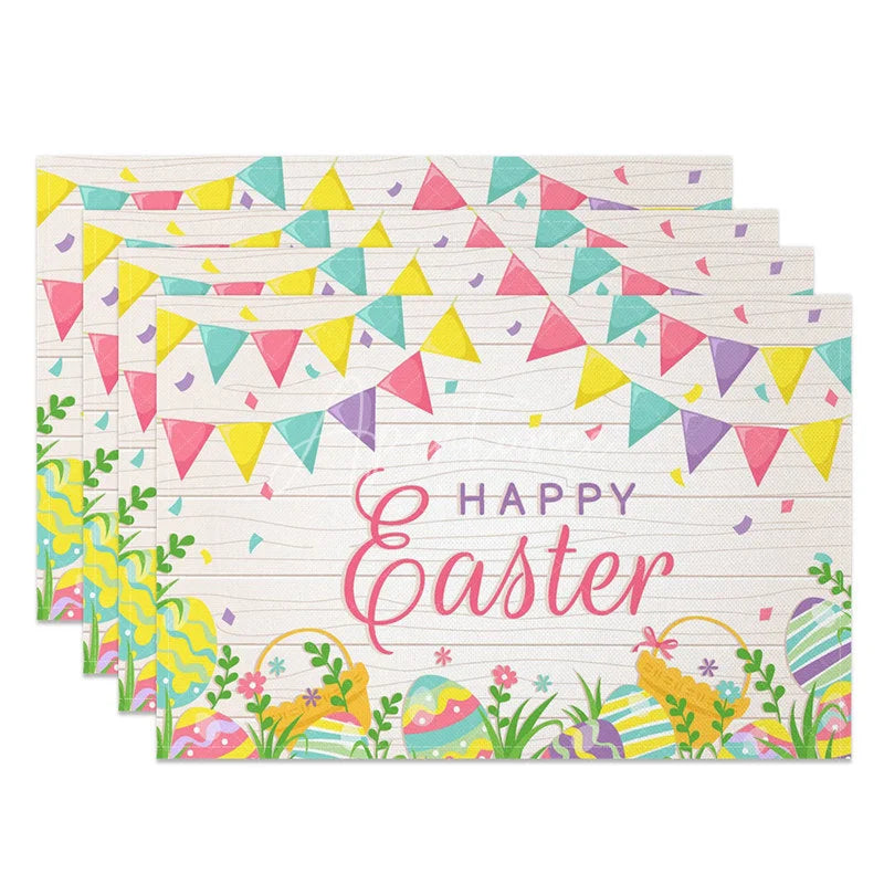 Aperturee - Aperturee Easter Set of 4 Placemats Wood Texture Bunting Flags Happy Easter Eggs Grass Dining Table Mats