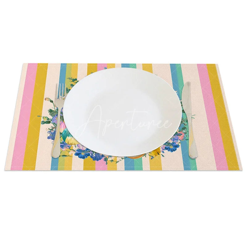 Aperturee - Aperturee Easter Set of 4 Placemats Yellow Blue Pink Stripes White Rabbit Wreath Dining Table Mats