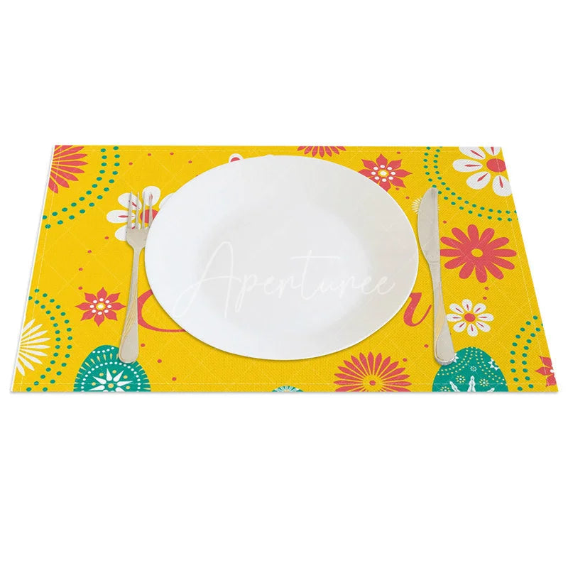 Aperturee - Aperturee Easter Set of 4 Placemats Yellow Floral Mandala White Bunny Happy Easter Dining Table Mats